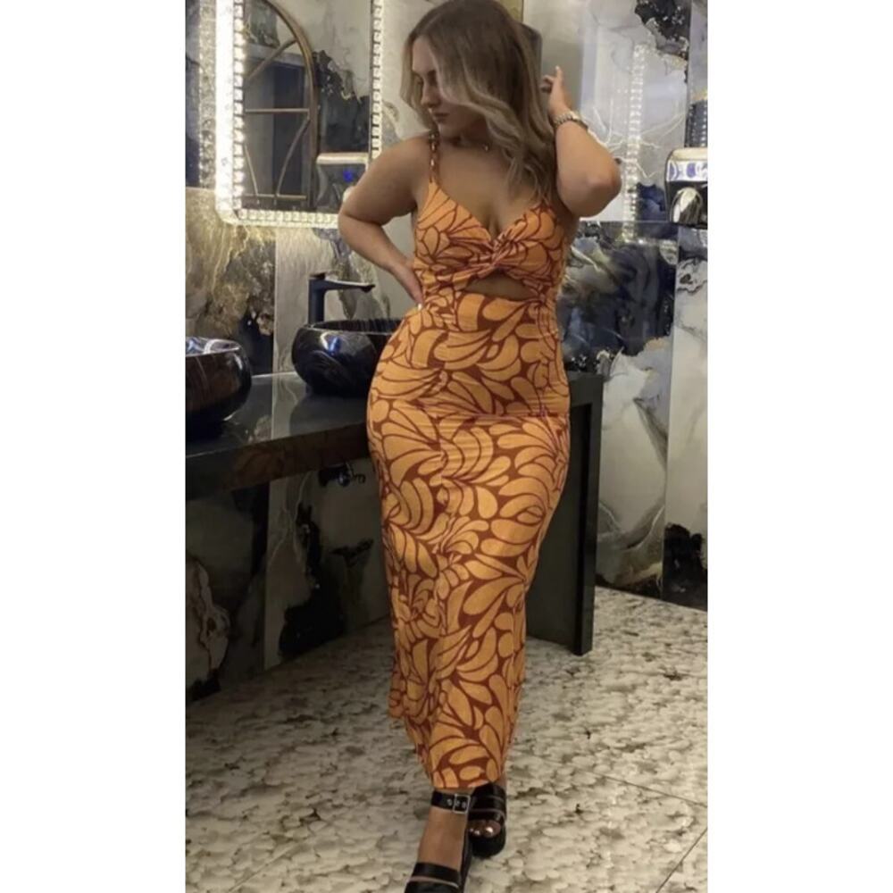 Zara Orange Patterned Midi Dress - Picture 3 of 14
